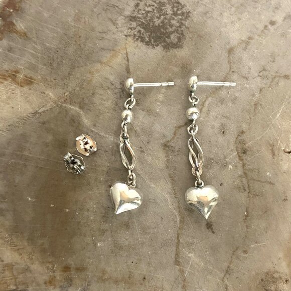 Sterling Silver 925 Dainty Petite Spiral Puffy Heart Dangle Drop Earrings - Picture 8 of 16